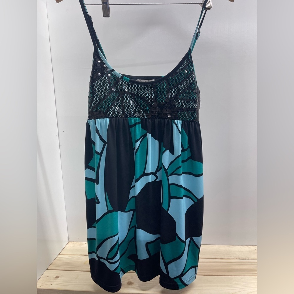 Love Rocks Black‎ and Teal Patterned Sequined Babydoll Top vintage Y2K
